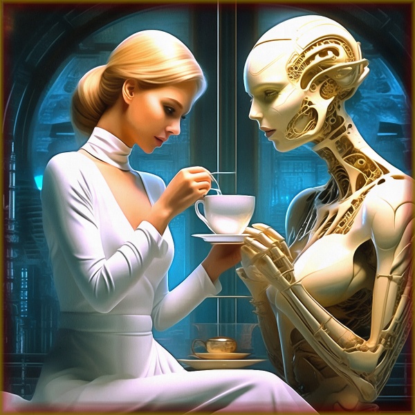 Блог #110. 
Женщина пьёт чай с роботом на работе. Фото от MatchFixingBet.Ru