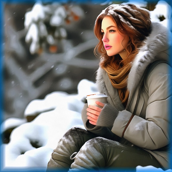 Блог #111. 
Женщина пьёт кофе, сидяв снегу. Фото от MatchFixingBet.Ru