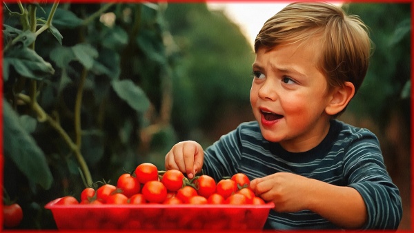 Блог #118. 
Мальчик собирает томаты Черри в огороде. Фото от MatchFixingBet.Ru