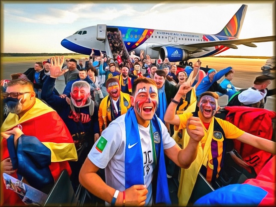 Блог #140. 
Los aficionados al fútbol llegan a Alemania en avión. Una imagen de MatchFixingBet.Ru