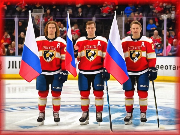 Блог #148. 
Трое хоккеистов клуба Florida Panthers держат в руках российские флаги. Картинка от MatchFixingBet.Ru