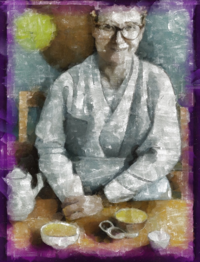 Блог #93. 
Портрет красивой женщины средних лет, сидящей за столом с чашкой горячего чая. Рисунок от MatchFixingBet.Ru